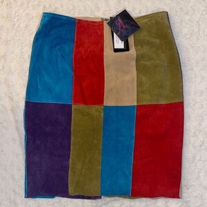 Adrienne Landau Genuine Leather Multicolor Patchwork Pencil Skirt